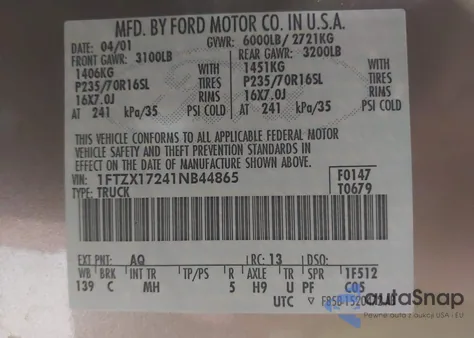 2001 Ford F-150 Xl/Xlt z USA, uszkodzony, nr VIN 1FTZX17241NB44865